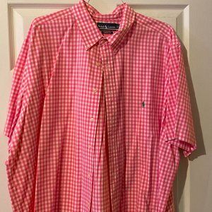 Pink checkered Ralph Lauren Polo with green horse